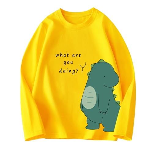 XINYUNZU Langarmshirt Jungen Baumwolle Longsleeve T-Shirt Rundhals Oberteil mit Dino-Print Casual Shirt für Kinder Unterziehshirt Basic Tshirt Herbst/Winter Gelb 7 Jahre von XINYUNZU