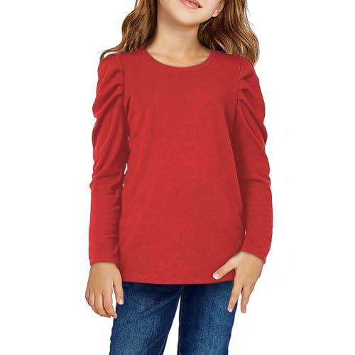 XINYUNZU Langarmshirt Mädchen Faltenärmel Bluse Elegant Einfarbige Shirt Rundhals Mode Oberteile Frühling Kinder Kleidung Longsleeve Top Rot 5 Jahre von XINYUNZU