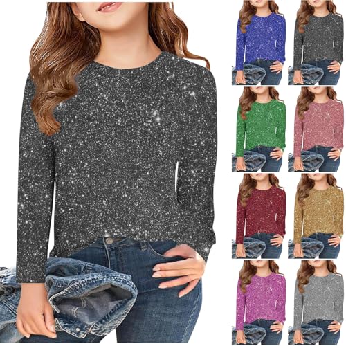 XINYUNZU Langarmshirt Mädchen Glitzer Shirt Rundhals Mode Longsleeve Top Kinder Frühling Herbst Oberteile Outdoor T-Shirt Langarm für Mädchen Angebot des Tages Schwarz 11 Jahre von XINYUNZU