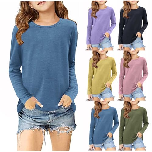 XINYUNZU Langarmshirt Mädchen Rundhals Basic T-Shirt Langarm Longsleeve Pullover Top Einfarbig Thermoshirt Long Sleeve Shirt Sweatshirt Kinder Longshirt Angebote des Tages Heute Blau 13 Jahre von XINYUNZU