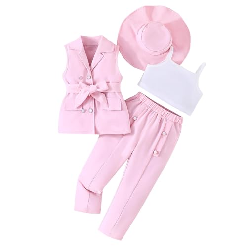 XINYUNZU Mädchen Anzug 4-Teilig Sommer Cami Crop Top und Anzughose und Blazer Ärmello und Hut Set Baumwolle Mode Kinderkleidung Sommeroutfit Kuschelanzug Kinder Rosa 7 Jahre von XINYUNZU