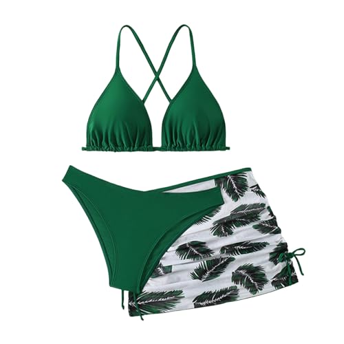 XINYUNZU Mädchen Badeanzug 3-Teilig Bikini mit Rock Set Blumen Bademode Sommer Schwimmanzug Badebekleidung Kinder und Teenager Badeanzüge Grün 14-15 Jahre von XINYUNZU