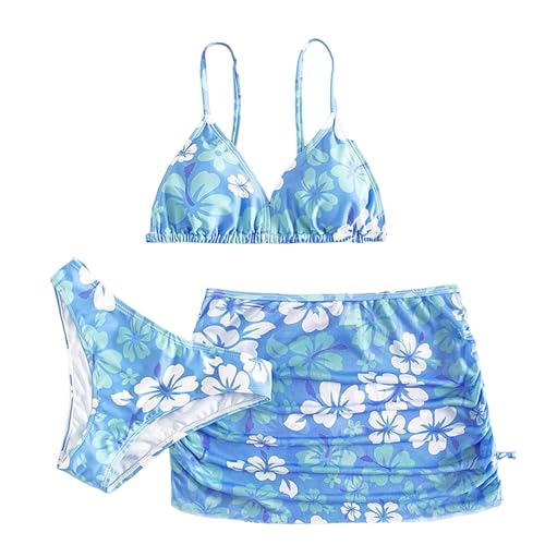 XINYUNZU Mädchen Badeanzug 3-Teilig Bikini mit Rock Set Blumen Bademode Sommer Schwimmanzug Badebekleidung Kinder und Teenager Badeanzüge Hellblau 14–15 Jahre von XINYUNZU