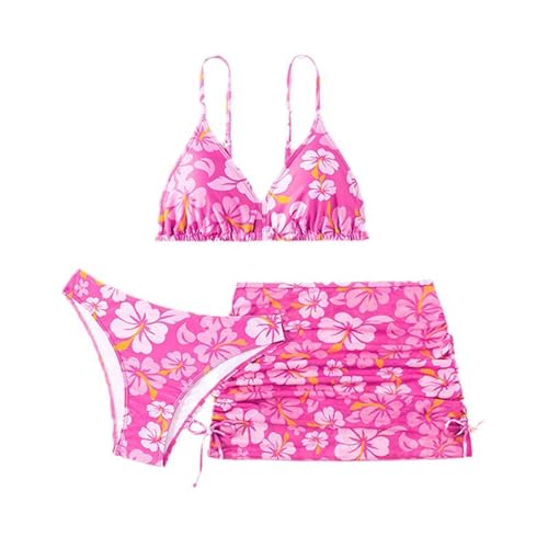 XINYUNZU Mädchen Badeanzug 3-Teilig Bikini mit Rock Set Blumen Bademode Sommer Schwimmanzug Badebekleidung Kinder und Teenager Badeanzüge Pink 10–11 Jahre von XINYUNZU