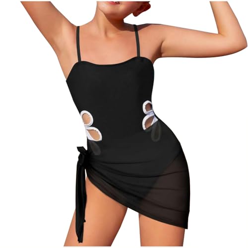 XINYUNZU Mädchen Badeanzug Einteiler mit Rock Sommer Bademode Ärmellos Slim Fit Schwimmanzug Kinder Badeanzüge 2-Teilig Bikini Swimsuits Girl Strand Badebekleidung Schwarz 15 Jahre von XINYUNZU