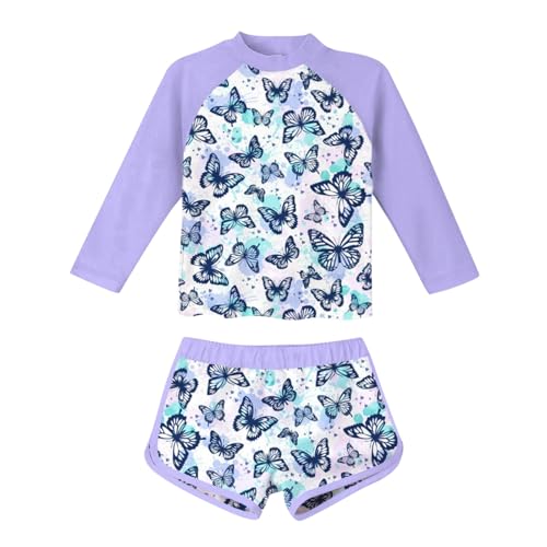 XINYUNZU Mädchen Badeanzug Langarm Tankini mit Badehose Kurz Sommer Zweiteiler Bademode Tankini Oberteil und Badeshorts Set Schwimmanzug Girls Swimsuits Badeanzüge für Kinder Lila 7 Jahre von XINYUNZU