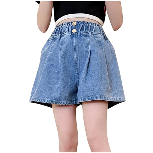 XINYUNZU Mädchen Baggy Jeans Kurz Sommer Breite Jeans Dünn Sommer Hotpants Girls High Waist Jeanshose mit Gummizug Freizeit Kurze Hosen Outdoor Jeanshosen für Kinder und Teenager Hellblau 13 Jahre von XINYUNZU