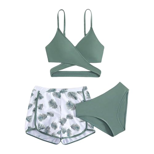 XINYUNZU Mädchen Bikini Set mit Badeshorts Hawaii Badeanzug 3-Teilig Bademode Schwimmanzug Swimsuit Girls Strand Badebekleidung Badeanzüge für Kinder Grün 140 von XINYUNZU