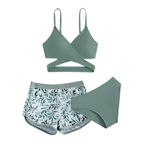 XINYUNZU Mädchen Bikini Set mit Badeshorts Hawaii Badeanzug 3-Teilig Bademode Schwimmanzug Swimsuit Girls Strand Badebekleidung Badeanzüge für Kinder Grün 160 XINYUNZU Mädchen Bikini Set mit Badeshorts Hawaii Badeanzug 3-Teilig Bademode Schwimmanzug Swimsuit Girls Strand Badebekleidung Badeanzüge für Kinder Grün 160 von XINYUNZU