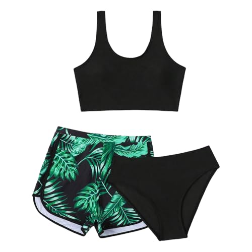 XINYUNZU Mädchen Bikini Set mit Badeshorts Hawaii Badeanzug 3-Teilig Bademode Schwimmanzug Swimsuit Girls Strand Badebekleidung Badeanzüge für Kinder Schwarz 160 von XINYUNZU