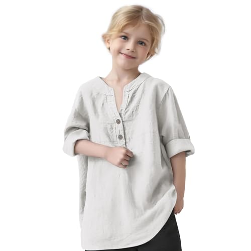 XINYUNZU Mädchen Bluse Langarm Baumwolle Leinen Langarmshirt Mode Lose Shirt Einfarbig V-Ausschnitt mit Knopf Sommer Top Girls Freizeit Oberteil Kinder Weiß 3 Jahre von XINYUNZU