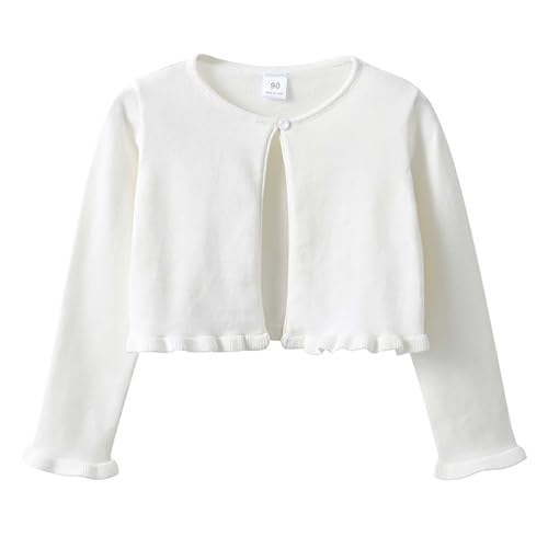 XINYUNZU Mädchen Bolero Cardigan Baumwolle Süße Strickjacke Langarm Bolerojacke Elegante Jacke für Abendkleid Kleid Festlich, Schulterjacke Übergangsjacke Strickjacken Kinder Weiß 7-8 Jahre von XINYUNZU