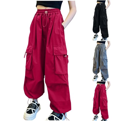 XINYUNZU Mädchen Cargohose Baumwolle Baggy Pants Cargo Hose Kinder Outdoorhose Elastische Taille Cargohosen Einfarbige Jogginghose Coole Hosen für 5-13 Jahre Alt Outlet Angebote Rot 9 Jahre von XINYUNZU