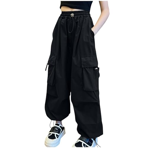 XINYUNZU Mädchen Cargohose Baumwolle Baggy Pants Cargo Hose Kinder Outdoorhose Elastische Taille Cargohosen Einfarbige Jogginghose Coole Hosen für 5-13 Jahre Alt Tages Angebote Sale Schwarz 12 Jahre von XINYUNZU