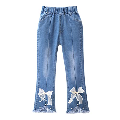 XINYUNZU Mädchen Flared Jeans Skinny Fit Jeanshose mit Gummizug und Schleife Schlaghose Outdoorhose Bootcut Pants Girls Mode Freizeithose Süße Hosen für Kinder Frühling Sommer Weiß 12-13 von XINYUNZU