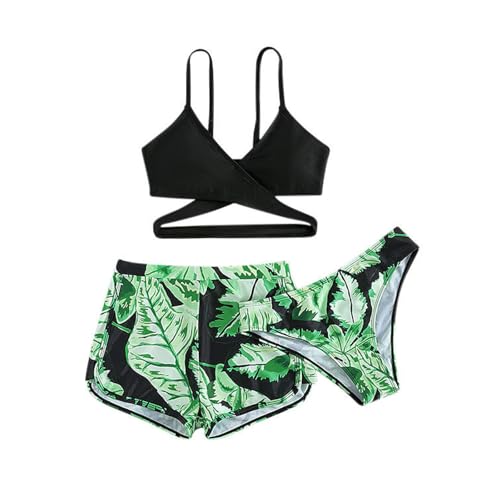 XINYUNZU Mädchen Hawaii Badeanzug 3-Teilig Bikini Set mit Badeshorts Sommer Bademode Schwimmanzug Kinder Badebekleidung Set Badeanzüge für Mädchen Grün 14-15 Jahre von XINYUNZU