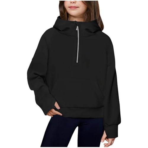 XINYUNZU Mädchen Hoodie Stehkragen Kapuzenpullover mit Reißverschluss Baumwolle Pullover Sweatshirt mit Kapuze Kinder Mode Einfarbige Hoodie für 3-12 Jahre Alt Outlet Shop Sale Schwarz 160 von XINYUNZU
