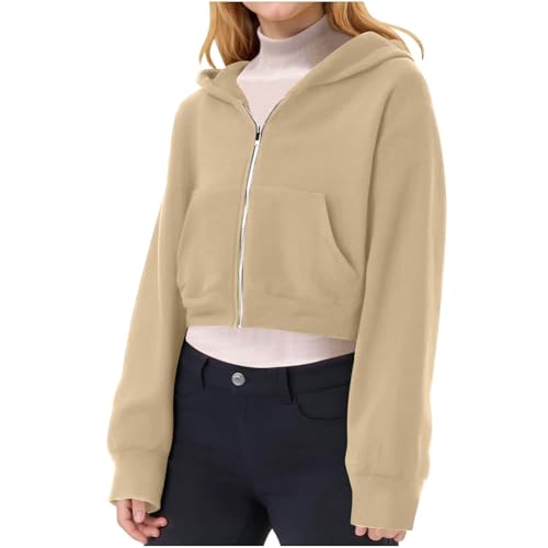 XINYUNZU Mädchen Hoodie mit Reißverschluss Kurze Sweatjacke Kapuzenpullover Kapuzenjacke Einfarbig Freizeit Outdoor Mode Jacke Kinder Übergangsjacke Herbstjacke Khaki 9 Jahre von XINYUNZU