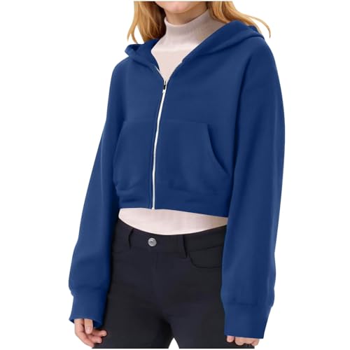 XINYUNZU Mädchen Hoodie mit Reißverschluss Kurze Sweatjacke Kapuzenpullover Kapuzenjacke Einfarbig Freizeit Outdoor Mode Jacke Kinder Übergangsjacke Herbstjacke Marine 11 Jahre von XINYUNZU