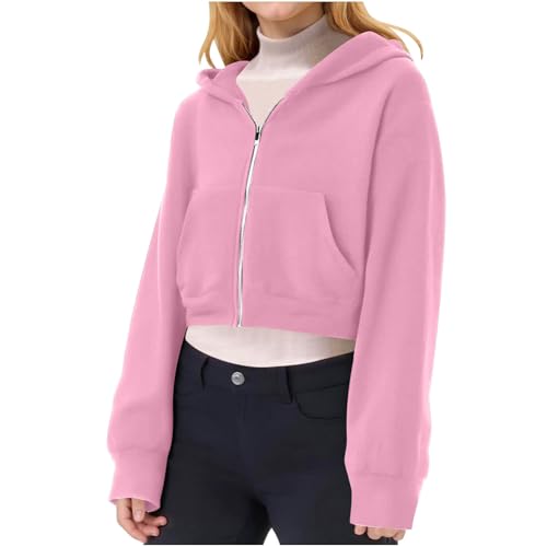 XINYUNZU Mädchen Hoodie mit Reißverschluss Kurze Sweatjacke Kapuzenpullover Kapuzenjacke Einfarbig Freizeit Outdoor Mode Jacke Kinder Übergangsjacke Herbstjacke Rosa 13 Jahre von XINYUNZU