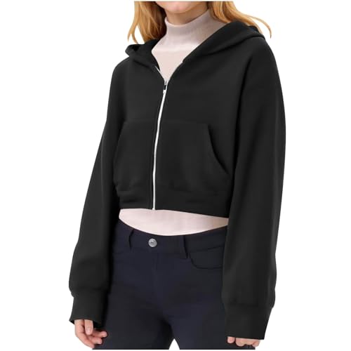 XINYUNZU Mädchen Hoodie mit Reißverschluss Kurze Sweatjacke Kapuzenpullover Kapuzenjacke Einfarbig Freizeit Outdoor Mode Jacke Kinder Übergangsjacke Herbstjacke Schwarz 13 Jahre von XINYUNZU
