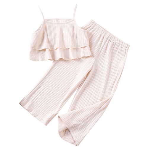XINYUNZU Mädchen Hose Baggy mit Cami Shirt Sommer Outfit-Sets Mode Klamotten 2-Teilig Kinderkleidung Top Bauchfrei + Sommerhose Leicht und Luftig Bekleidungssets für Kinder Beige 110 von XINYUNZU