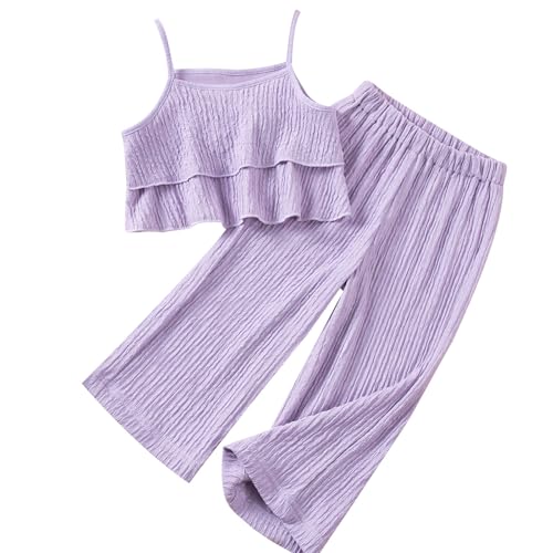 XINYUNZU Mädchen Hose Baggy mit Cami Shirt Sommer Outfit-Sets Mode Klamotten 2-Teilig Kinderkleidung Top Bauchfrei + Sommerhose Leicht und Luftig Bekleidungssets für Kinder Lila 120 von XINYUNZU
