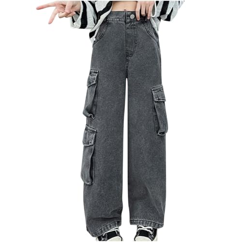 XINYUNZU Mädchen Jeans Baggy Elastische Taille Jeanshose Mode Wide Leg Freizeithose mit Taschen Kinder Outdoor Hose Frühling Breite Hose Jeans Teenager Outlet Angebote Grau 120 von XINYUNZU