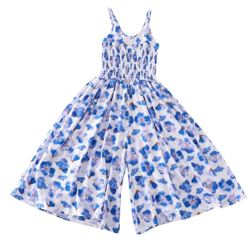 XINYUNZU Mädchen Jumpsuit Spaghettiträger Baumwolle Sommer Overall Ärmellos Lässige Strampler Baggy Hosen Weite Bein Mode Urlaub Jumpsuits für Kinder und Teenager Hellblau 140 von XINYUNZU