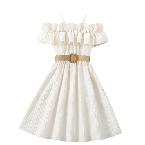 XINYUNZU Mädchen Kleid Schulterfrei Chiffonkleid Sommerkleid mit Rüschen Freizeitkleid Trägerkleid Kinder Casual Cute Dress Girl Mädchenkleider Elegant Lässig Kinderkleid Khaki 11 Jahre von XINYUNZU