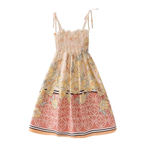 XINYUNZU Mädchen Kleid mit Halskette Sommer Spaghettiträger Boho Blumen Kleider Strandkleid Leichte Sommerkleid Freizeitkleid Trägerkleid Casual Dress Girl Lässig Mädchenkleider Beige 110 von XINYUNZU