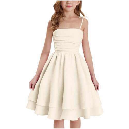 XINYUNZU Mädchen Kleider A-Linie Spaghettiträger Sommerkleid Elegant Festliches Kleid Einfarbig Kinder Freizeitkleid Ärmellos Party Prinzessin Kleid für 8-14 Jahre Beige 9-10 Jahre von XINYUNZU