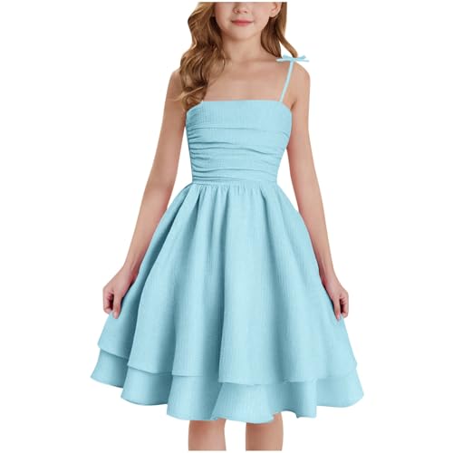 XINYUNZU Mädchen Kleider A-Linie Spaghettiträger Sommerkleid Elegant Festliches Kleid Einfarbig Kinder Freizeitkleid Ärmellos Party Prinzessin Kleid für 8-14 Jahre Blau 8-9 Jahre von XINYUNZU