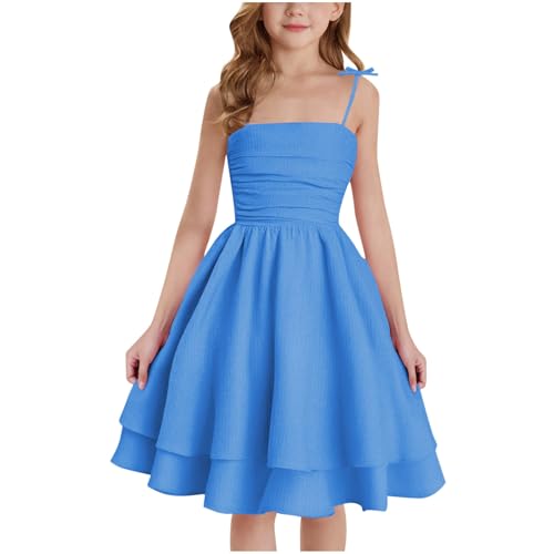 XINYUNZU Mädchen Kleider A-Linie Spaghettiträger Sommerkleid Elegant Festliches Kleid Einfarbig Kinder Freizeitkleid Ärmellos Party Prinzessin Kleid für 8-14 Jahre Dunkelblau 8-9 Jahre von XINYUNZU