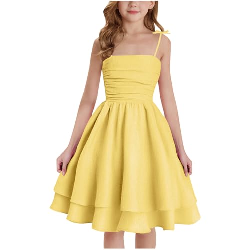 XINYUNZU Mädchen Kleider A-Linie Spaghettiträger Sommerkleid Elegant Festliches Kleid Einfarbig Kinder Freizeitkleid Ärmellos Party Prinzessin Kleid für 8-14 Jahre Gelb 150 von XINYUNZU