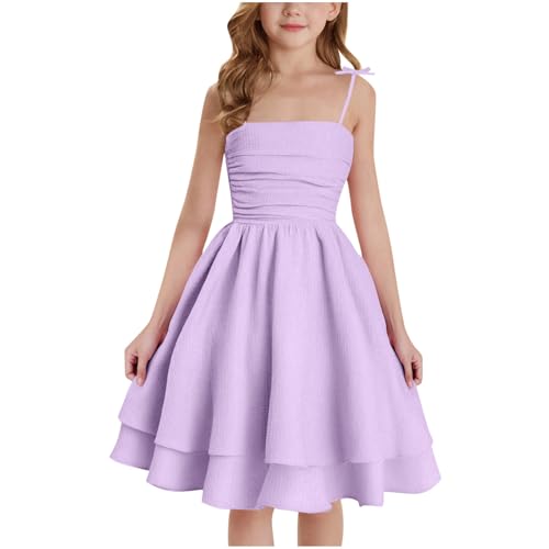 XINYUNZU Mädchen Kleider A-Linie Spaghettiträger Sommerkleid Elegant Festliches Kleid Einfarbig Kinder Freizeitkleid Ärmellos Party Prinzessin Kleid für 8-14 Jahre Lila 8–9 Jahre von XINYUNZU