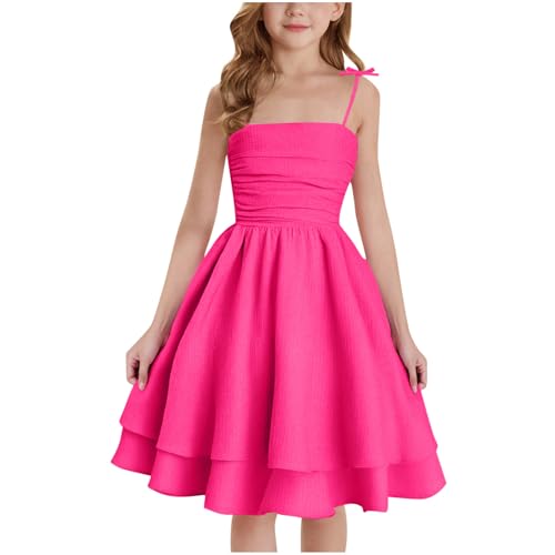 XINYUNZU Mädchen Kleider A-Linie Spaghettiträger Sommerkleid Elegant Festliches Kleid Einfarbig Kinder Freizeitkleid Ärmellos Party Prinzessin Kleid für 8-14 Jahre Pink 10–11 Jahre von XINYUNZU