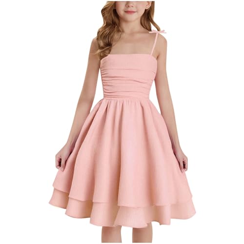 XINYUNZU Mädchen Kleider A-Linie Spaghettiträger Sommerkleid Elegant Festliches Kleid Einfarbig Kinder Freizeitkleid Ärmellos Party Prinzessin Kleid für 8-14 Jahre Rosa 8-9 Jahre von XINYUNZU