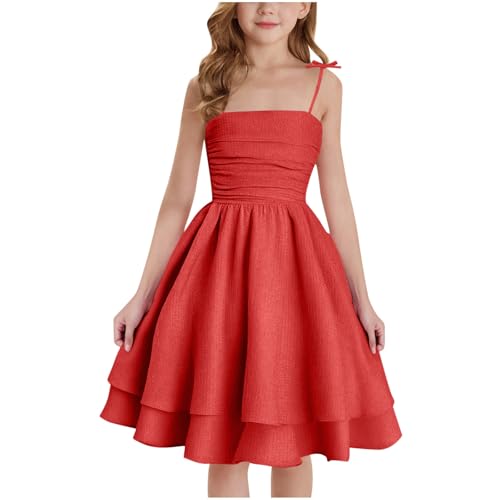 XINYUNZU Mädchen Kleider A-Linie Spaghettiträger Sommerkleid Elegant Festliches Kleid Einfarbig Kinder Freizeitkleid Ärmellos Party Prinzessin Kleid für 8-14 Jahre Rot 10-11 Jahre von XINYUNZU