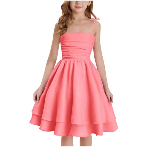 XINYUNZU Mädchen Kleider A-Linie Spaghettiträger Sommerkleid Elegant Festliches Kleid Einfarbig Kinder Freizeitkleid Ärmellos Party Prinzessin Kleid für 8-14 Jahre Wassermelonenrot 9-10 Jahre von XINYUNZU