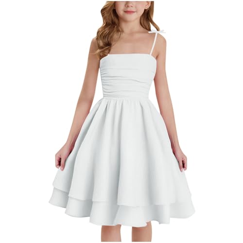 XINYUNZU Mädchen Kleider A-Linie Spaghettiträger Sommerkleid Elegant Festliches Kleid Einfarbig Kinder Freizeitkleid Ärmellos Party Prinzessin Kleid für 8-14 Jahre Weiß 140 von XINYUNZU
