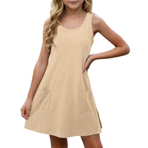 XINYUNZU Mädchen Kleider Ärmellos Atmungsaktive Kleid mit Tasche Leichte Sommerkleid Freizeitkleid Strandkleid Casual Dress Girl Freizeit Mädchenkleider für Kinder Khaki 13 Jahre von XINYUNZU