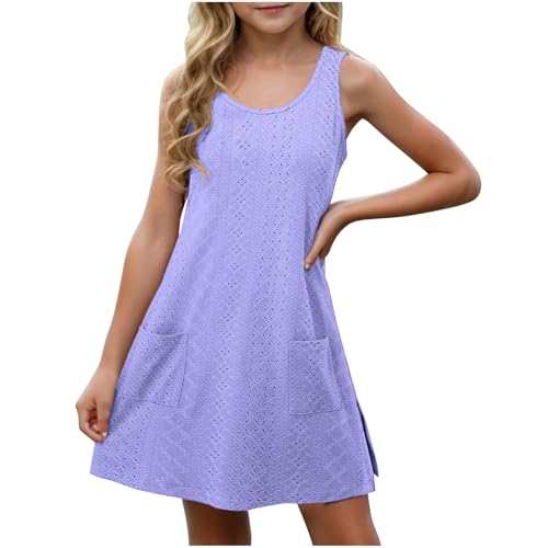 XINYUNZU Mädchen Kleider Ärmellos Atmungsaktive Kleid mit Tasche Leichte Sommerkleid Freizeitkleid Strandkleid Casual Dress Girl Freizeit Mädchenkleider für Kinder Lila 9 Jahre von XINYUNZU