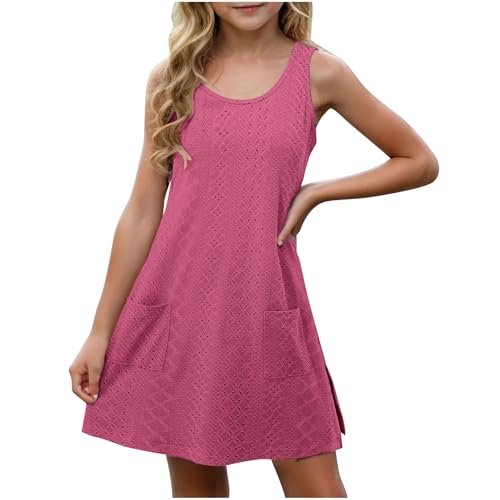 XINYUNZU Mädchen Kleider Ärmellos Atmungsaktive Kleid mit Tasche Leichte Sommerkleid Freizeitkleid Strandkleid Casual Dress Girl Freizeit Mädchenkleider für Kinder Pink 13 Jahre von XINYUNZU