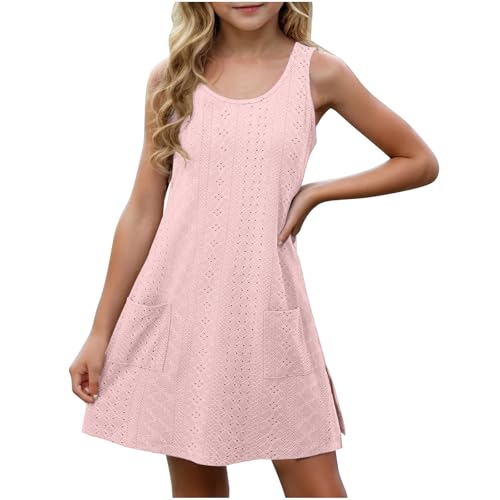 XINYUNZU Mädchen Kleider Ärmellos Atmungsaktive Kleid mit Tasche Leichte Sommerkleid Freizeitkleid Strandkleid Casual Dress Girl Freizeit Mädchenkleider für Kinder Rosa 9 Jahre von XINYUNZU