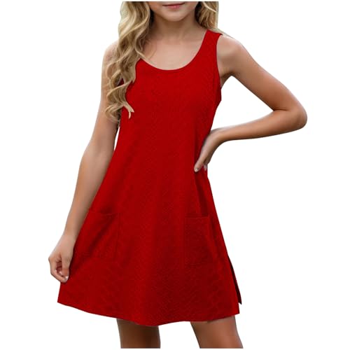 XINYUNZU Mädchen Kleider Ärmellos Atmungsaktive Kleid mit Tasche Leichte Sommerkleid Freizeitkleid Strandkleid Casual Dress Girl Freizeit Mädchenkleider für Kinder Rot 11 Jahre von XINYUNZU