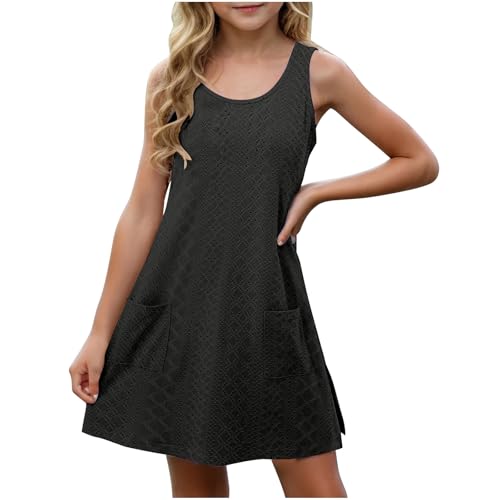 XINYUNZU Mädchen Kleider Ärmellos Atmungsaktive Kleid mit Tasche Leichte Sommerkleid Freizeitkleid Strandkleid Casual Dress Girl Freizeit Mädchenkleider für Kinder Schwarz 9 Jahre von XINYUNZU