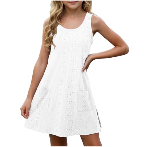 XINYUNZU Mädchen Kleider Ärmellos Atmungsaktive Kleid mit Tasche Leichte Sommerkleid Freizeitkleid Strandkleid Casual Dress Girl Freizeit Mädchenkleider für Kinder Weiß 13 Jahre von XINYUNZU