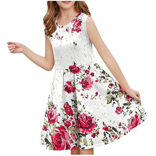 XINYUNZU Mädchen Kleider Ärmellos Prinzessin Kleid mit Blumenprint Freizeit Sommerkleid Rundhals Casual Dress Girls Mädchenkleider für Kinder und Teenager Weiß 140 von XINYUNZU