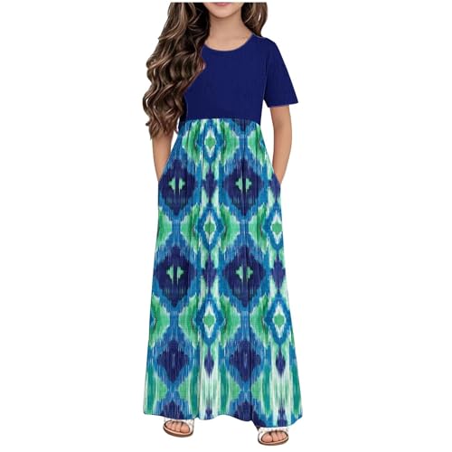 XINYUNZU Mädchen Kleider Lang Kurzarm Retro Kleid mit Taschen Freizeitkleid Sommerkleid Casual Dress Girl Kinderkleider Mädchenkleider für Kinder Blau 11 Jahre von XINYUNZU